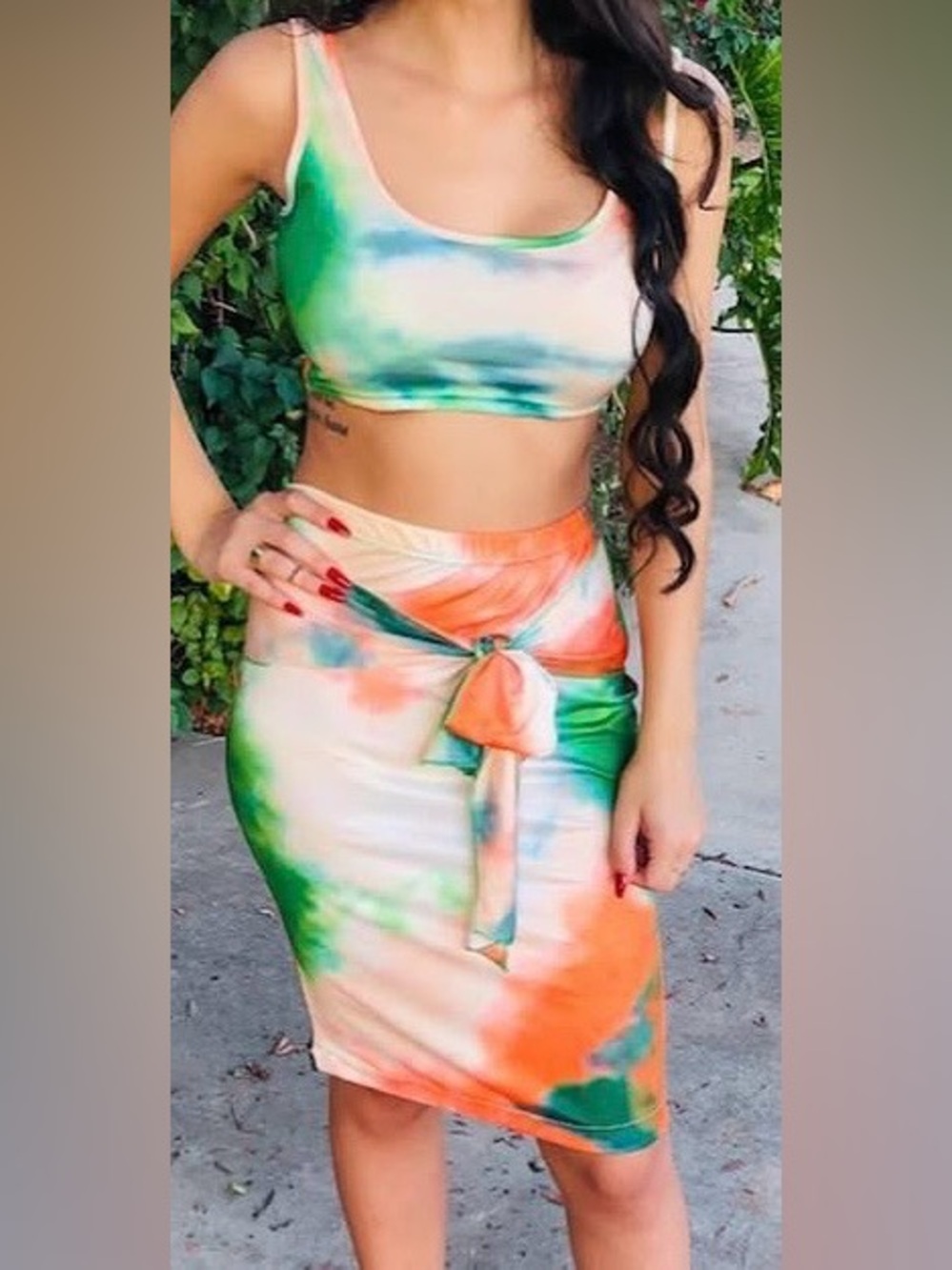 Tie-Detailed Midi Skirt in Green and Orange Tie-Dye